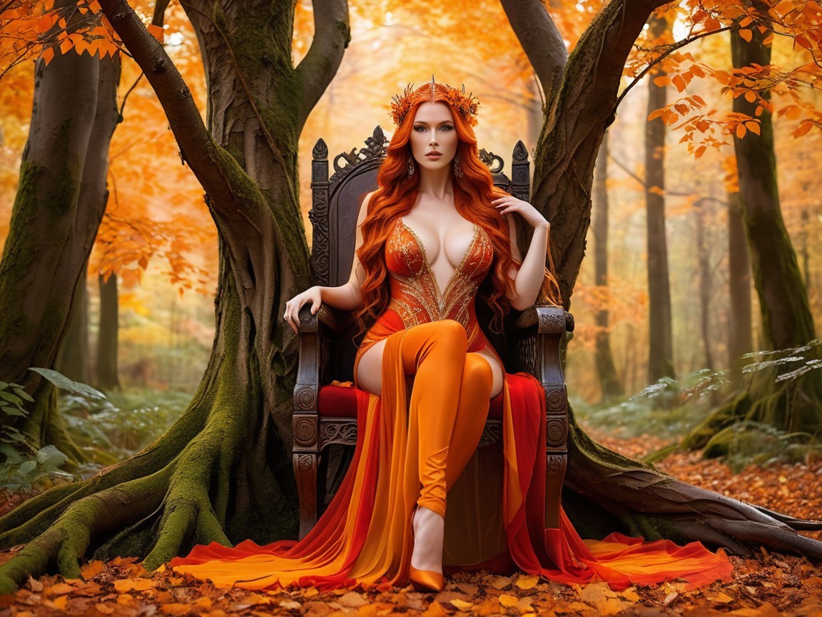 Ethereal Figure on Throne in Autumn Forest Setting