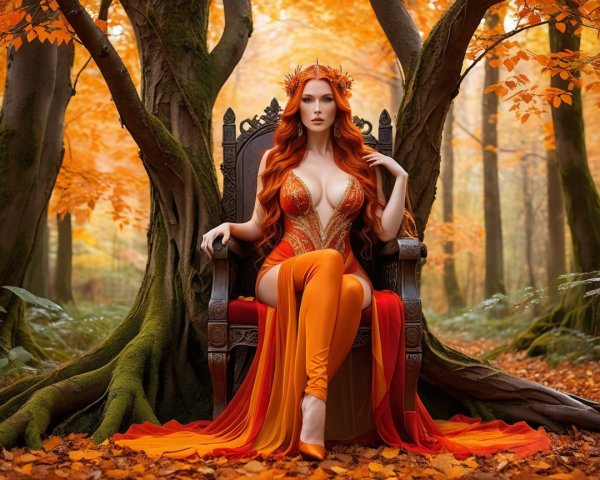 Ethereal Figure on Throne in Autumn Forest Setting