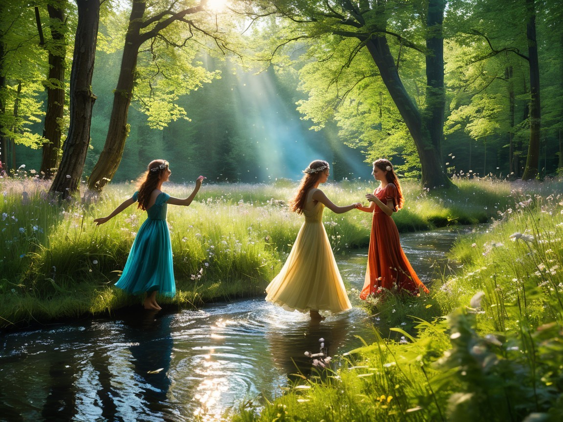 Women in Colorful Dresses Dance in Forest Glade