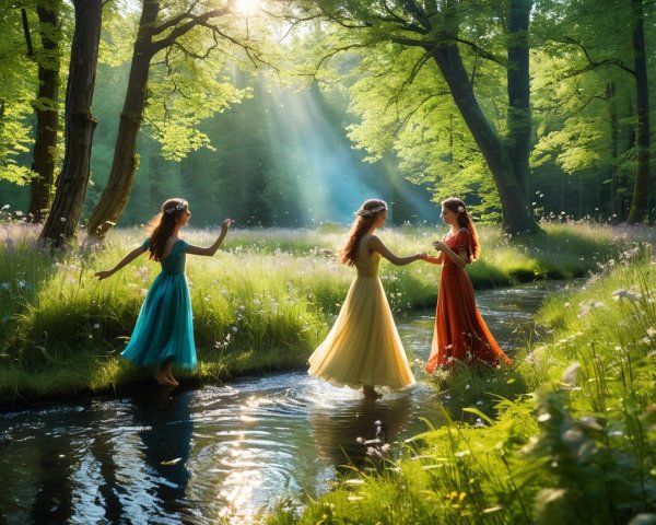 Women in Colorful Dresses Dance in Forest Glade