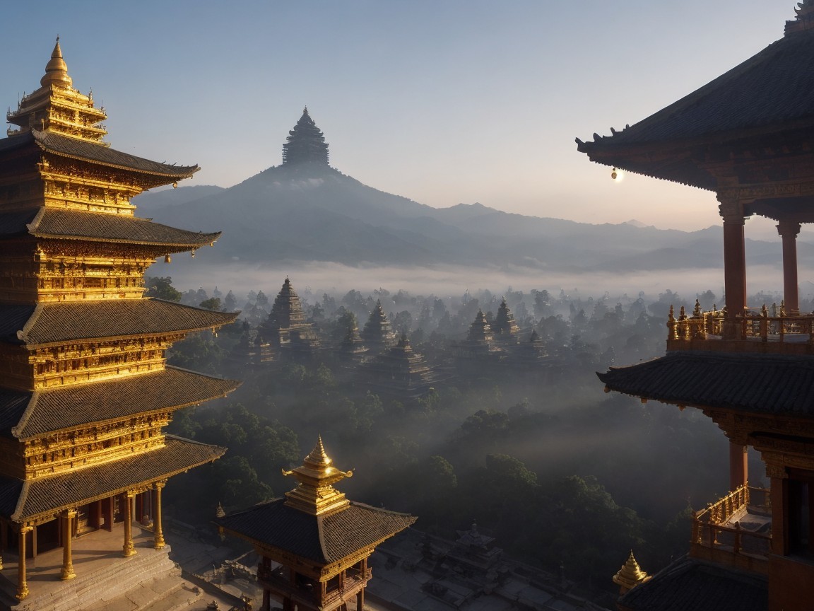 Golden Pagodas in Misty Mountain Landscape