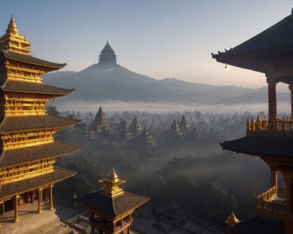Golden Pagodas in Misty Mountain Landscape