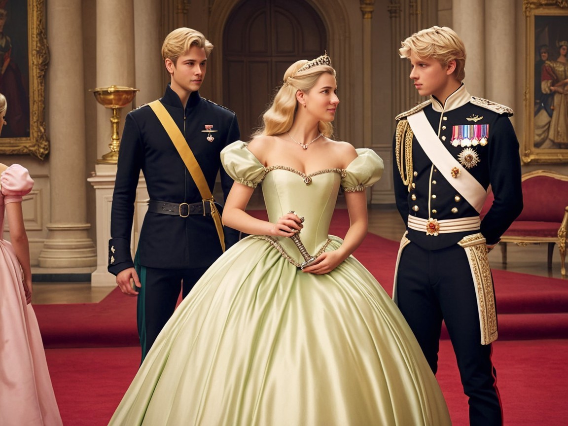 Regal Scene with Young Men and Woman in Pastel Gown