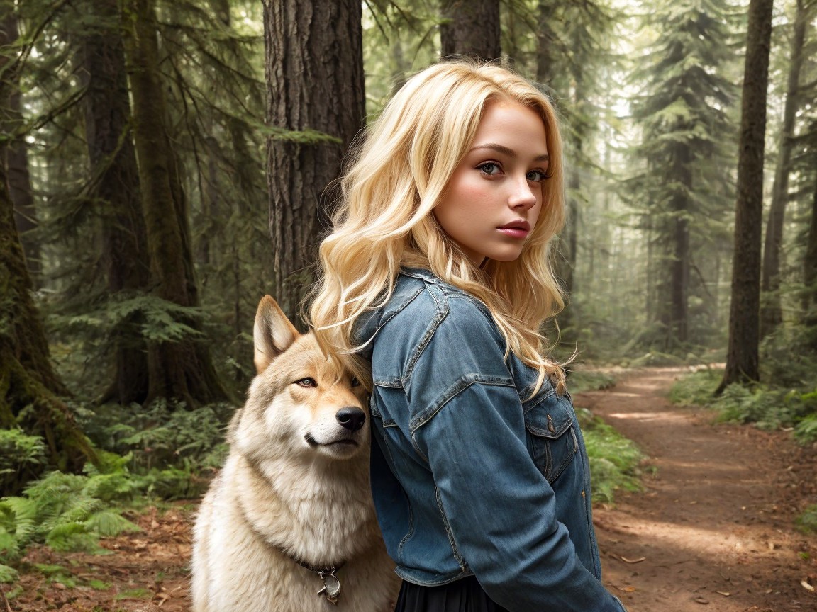 Young woman and wolf in a serene forest setting
