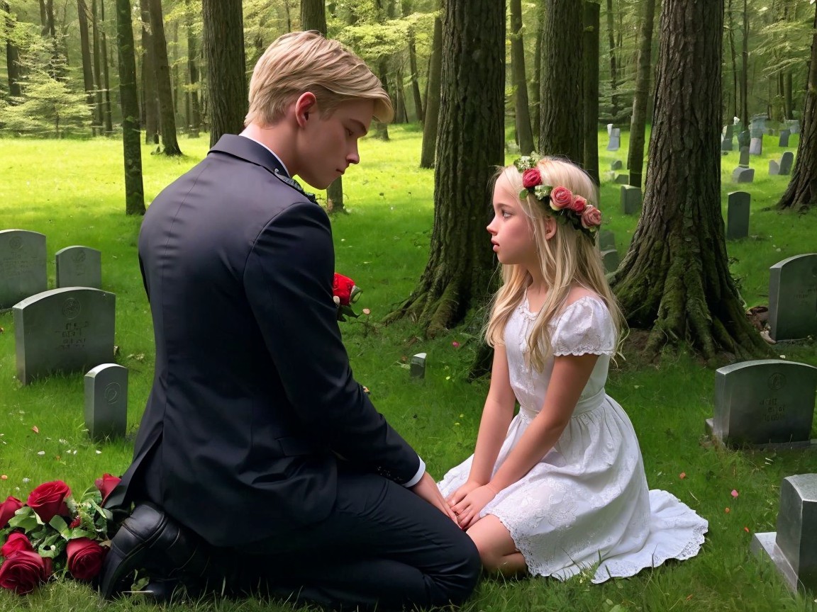 Young Man and Girl in Serene Forest Cemetery Scene