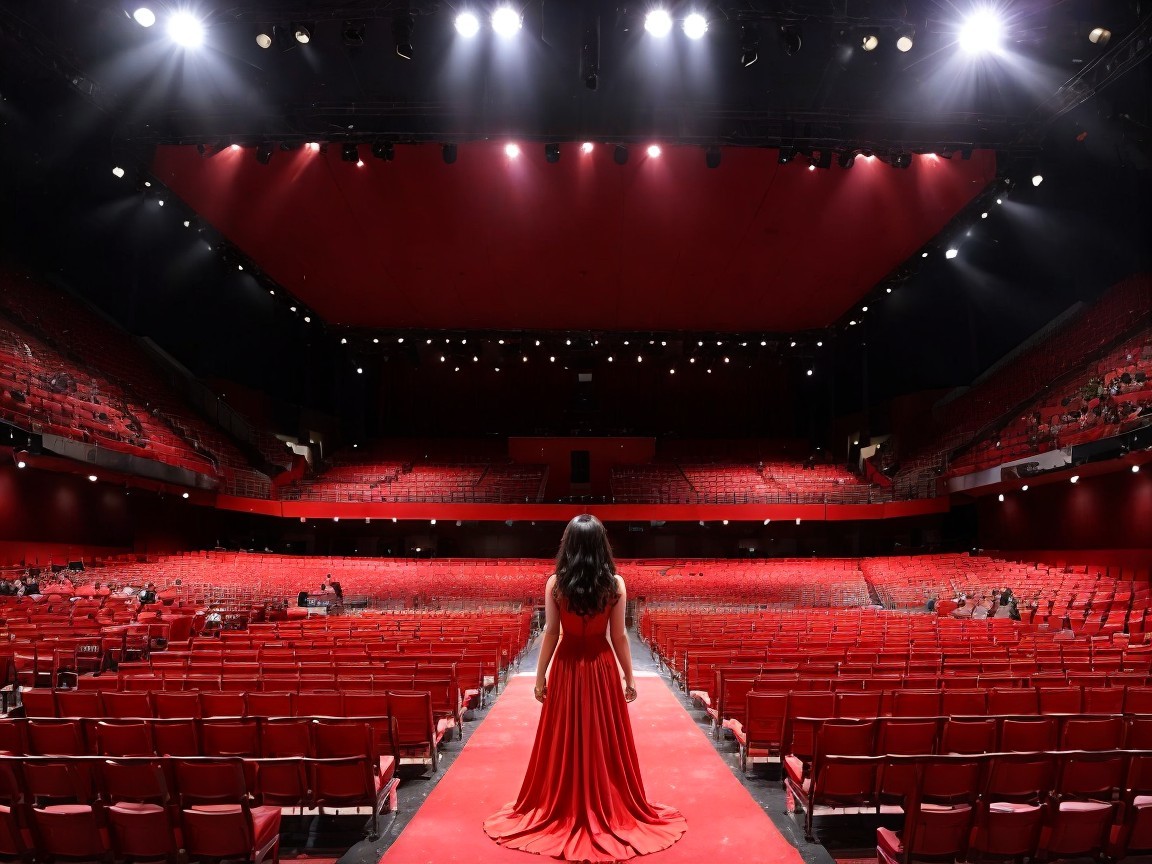Lone Performer in Red Gown on Stage with Audience