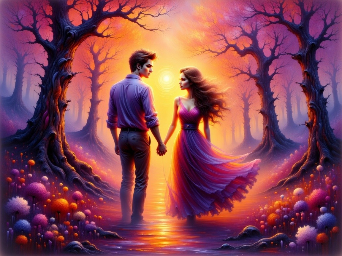 Couple in Dreamlike Forest at Sunset with Vibrant Colors