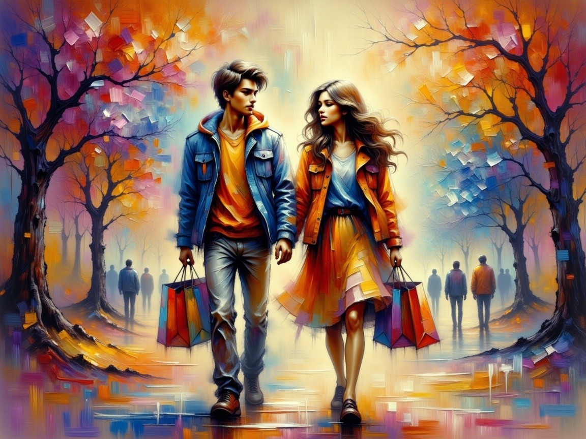 Young couple in vibrant autumn landscape with shopping bags