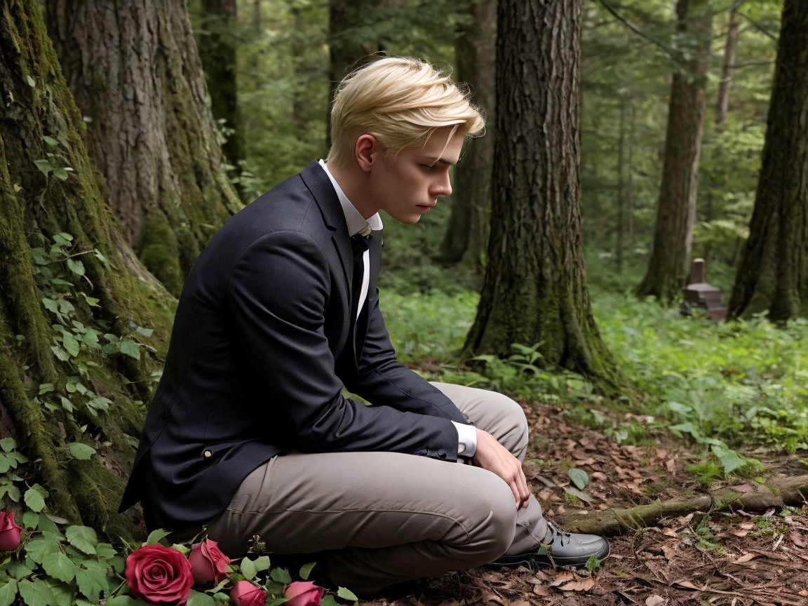 Young man in formal attire among forest greenery