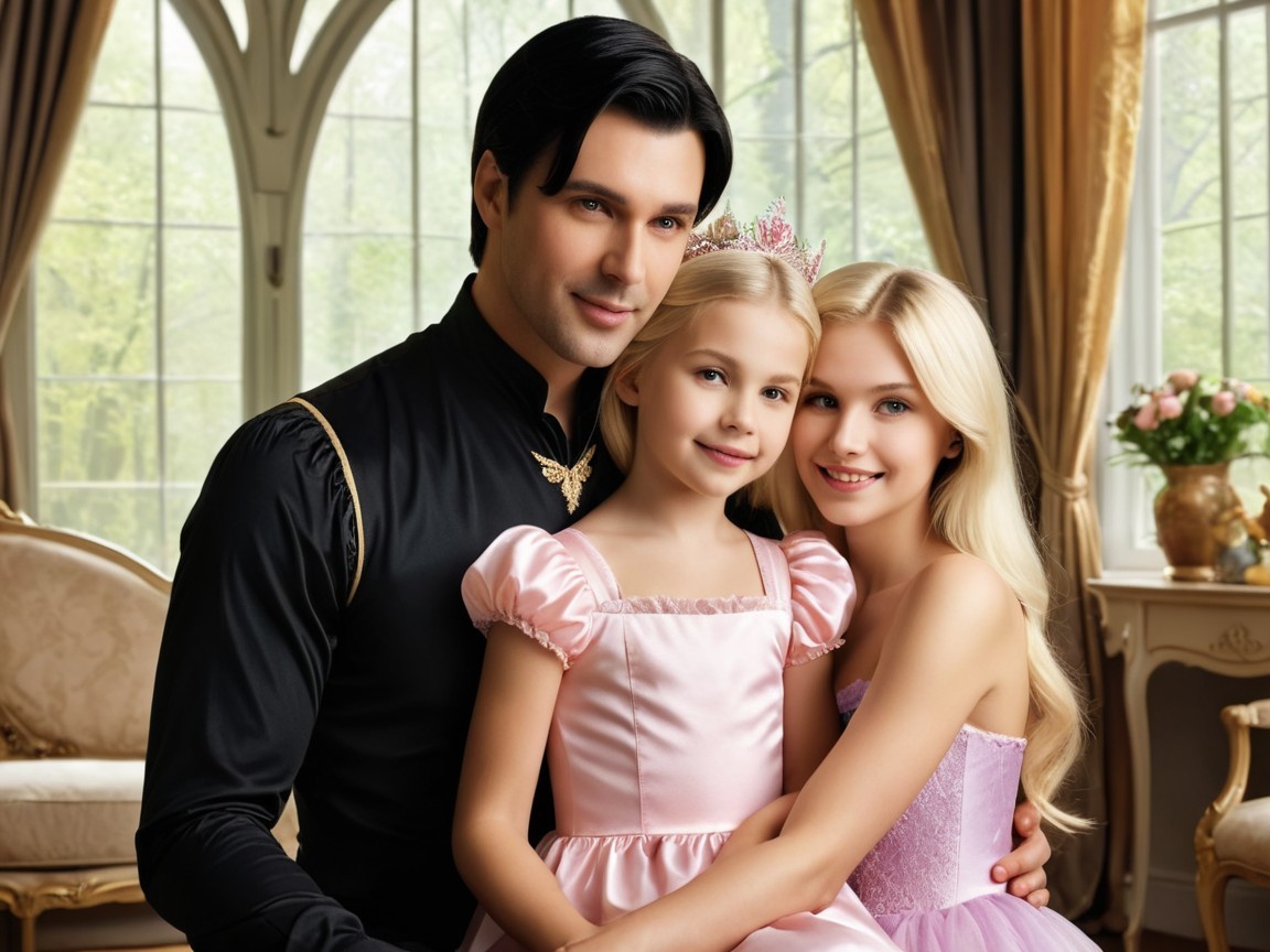 Man in Black Shirt with Girls in Princess Dresses