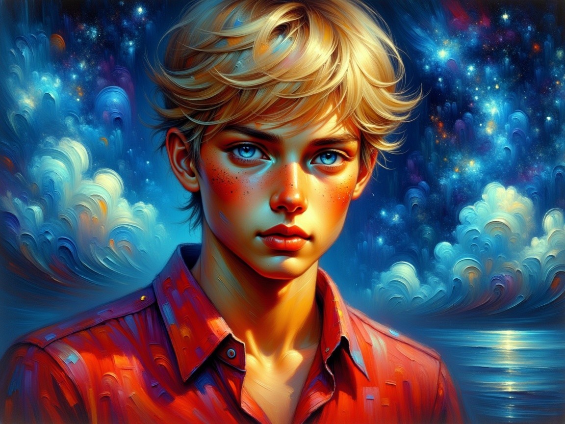 Young Boy in Red Shirt Against Starry Night Sky