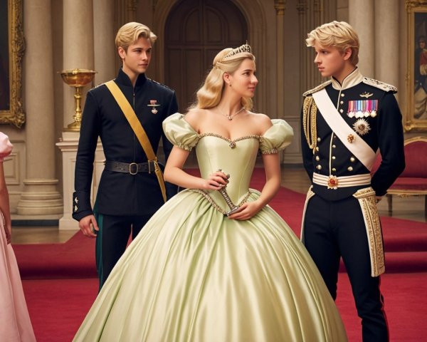 Regal Scene with Young Men and Woman in Pastel Gown