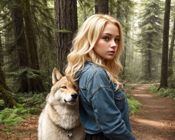 Young woman and wolf in a serene forest setting