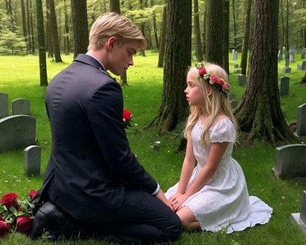 Young Man and Girl in Serene Forest Cemetery Scene