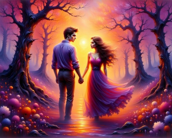 Couple in Dreamlike Forest at Sunset with Vibrant Colors