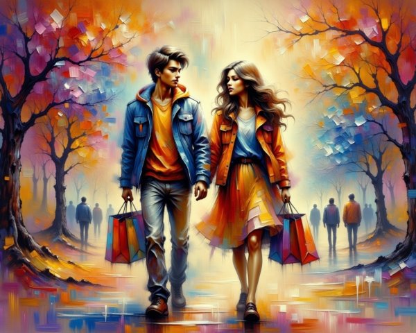 Young couple in vibrant autumn landscape with shopping bags