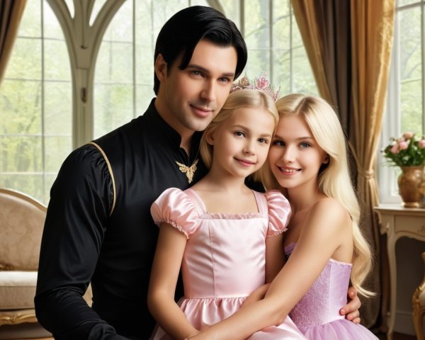 Man in Black Shirt with Girls in Princess Dresses