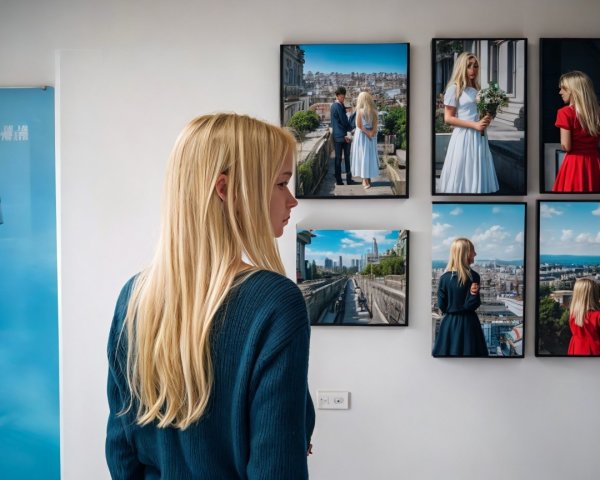 Person in Art Gallery Observing Framed Photographs