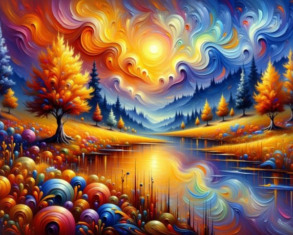 Vibrant Landscape with Autumn Colors and Serene Lake