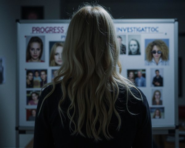 Woman Analyzing Headshots in Dimly Lit Room