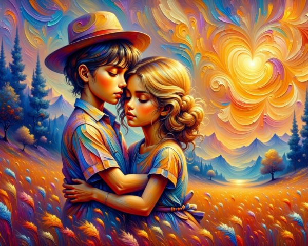 Children Embracing in a Colorful Dreamlike Landscape