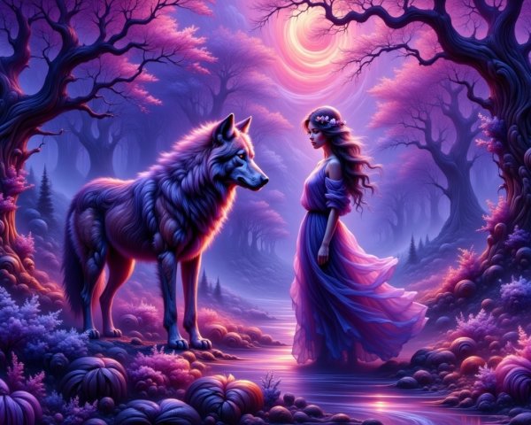 Mystical forest scene with woman and wolf by stream