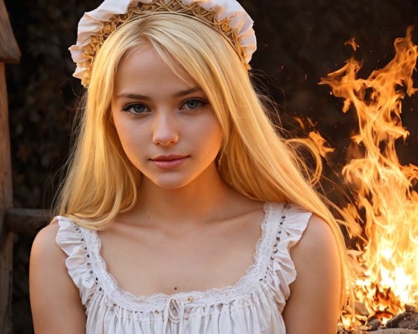 Young woman in white dress with fire background