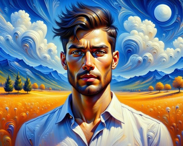 Portrait of Young Man in Vibrant Landscape Setting