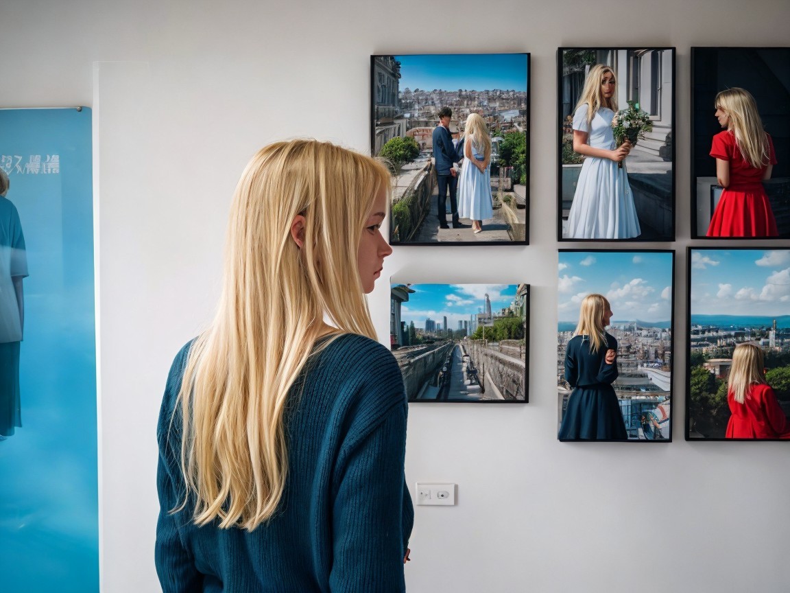 Person in Art Gallery Observing Framed Photographs