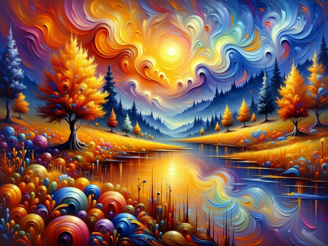 Vibrant Landscape with Autumn Colors and Serene Lake