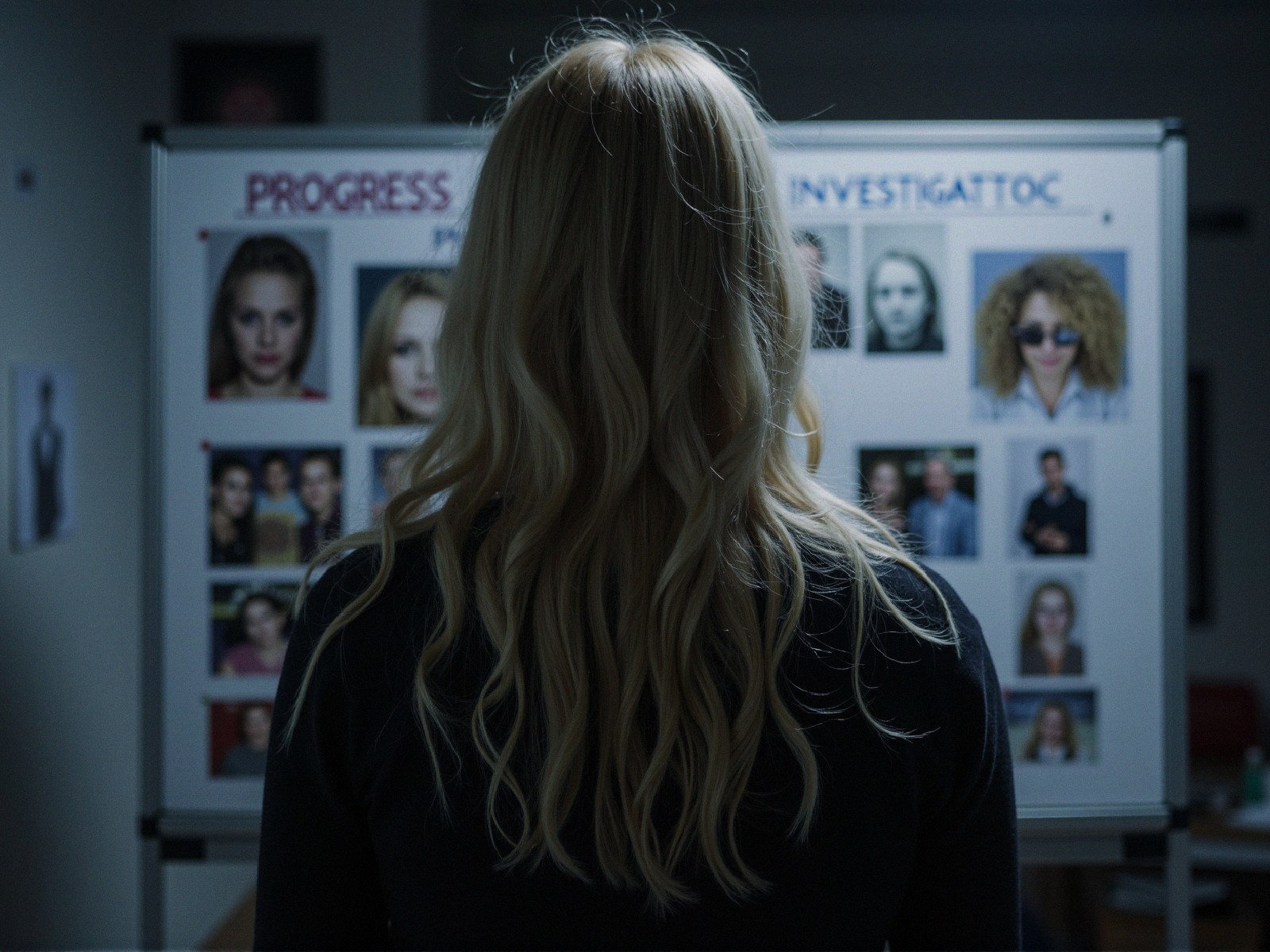 Woman Analyzing Headshots in Dimly Lit Room
