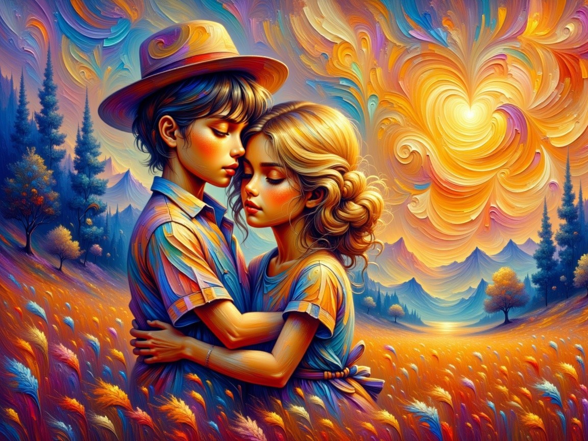 Children Embracing in a Colorful Dreamlike Landscape