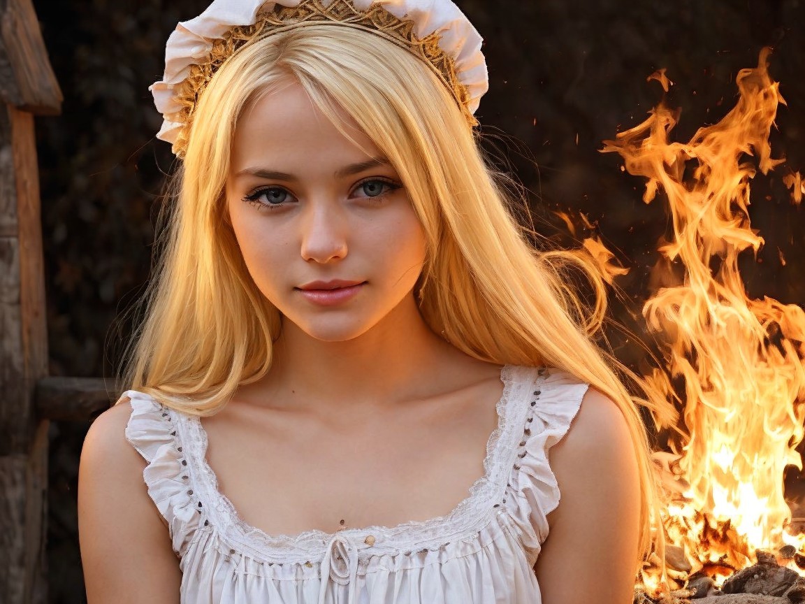 Young woman in white dress with fire background