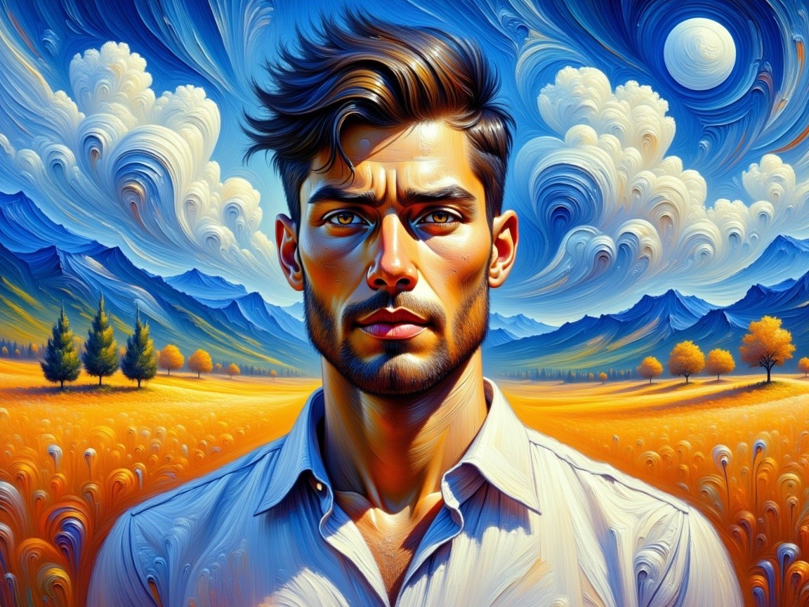 Portrait of Young Man in Vibrant Landscape Setting