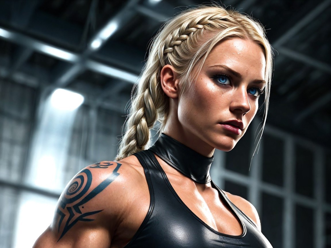 Athletic Woman in Dim Gym with Striking Features