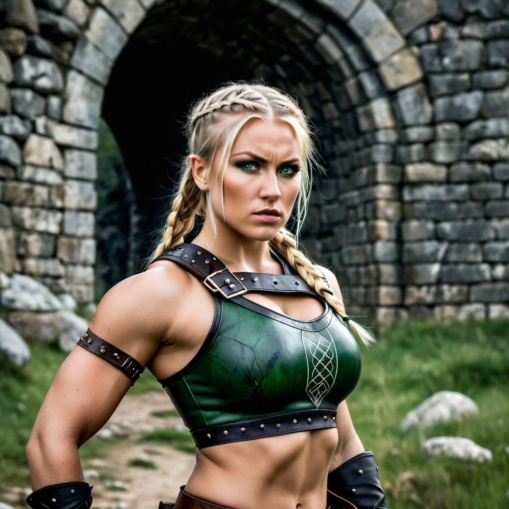 Fierce Warrior in Green Armor by Ancient Archway