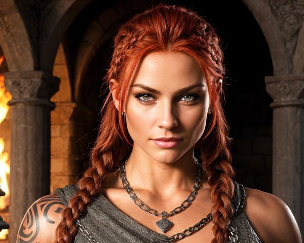 Fierce Warrior Woman in Medieval Setting with Tattoos