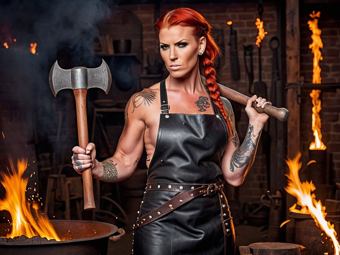 Confident Woman in Black Leather Apron at Forge