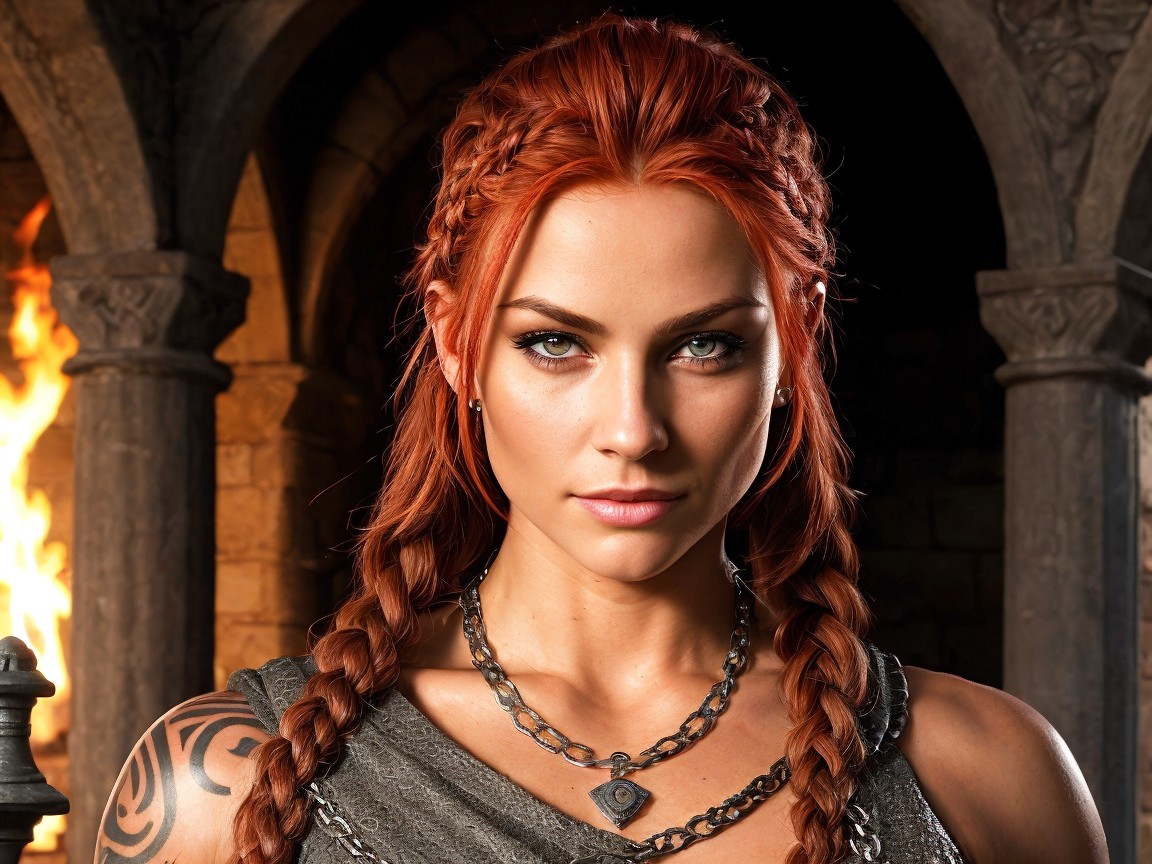 Fierce Warrior Woman in Medieval Setting with Tattoos