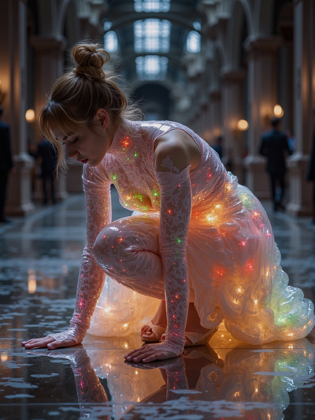 Woman in glowing gown in elegant architectural setting