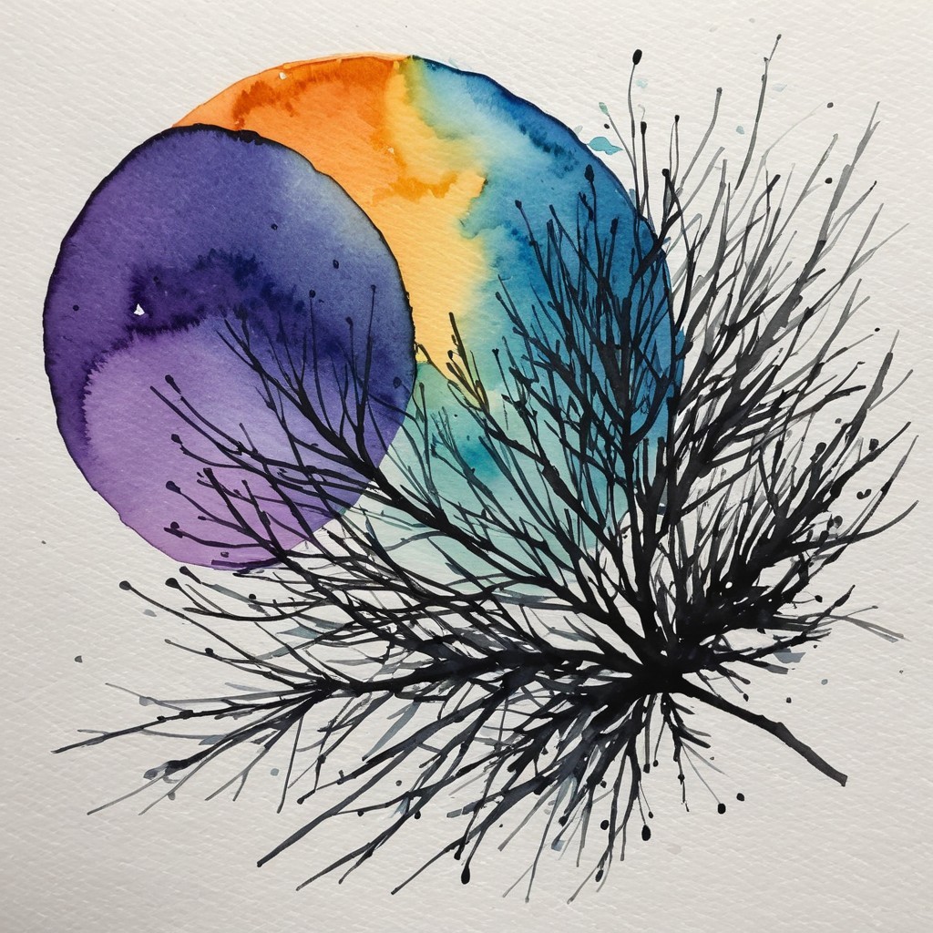 Watercolor Artwork with Vibrant Gradient and Branches