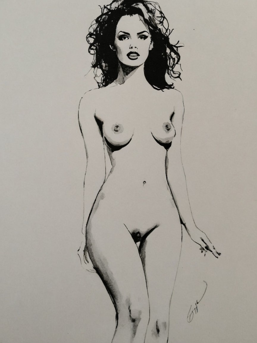 Monochrome Drawing of a Confident Female Figure