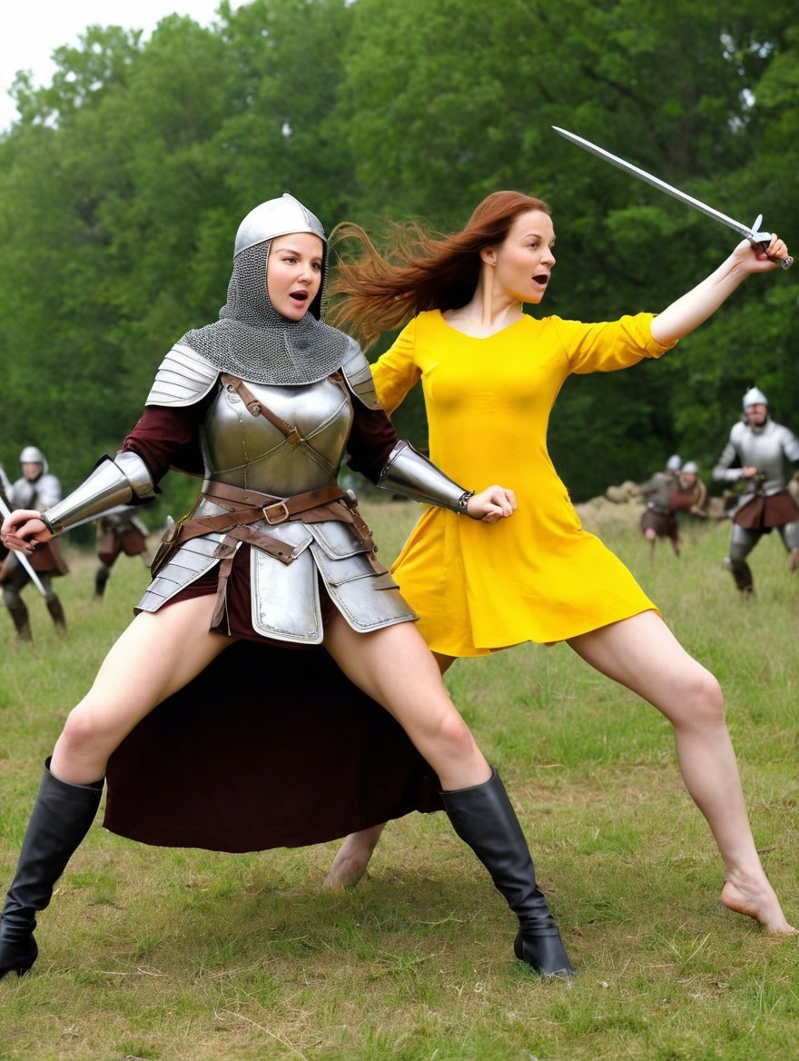 Women in Armor and Dress in Grassy Field Scene