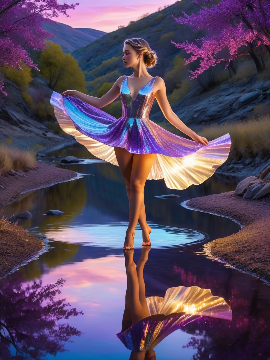Young woman in iridescent dress by tranquil stream