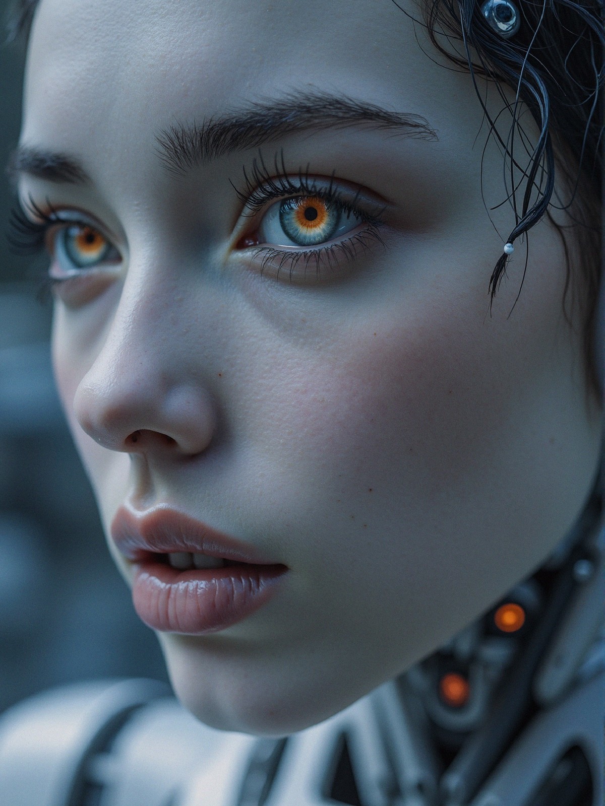 Close-up of a female android with striking features