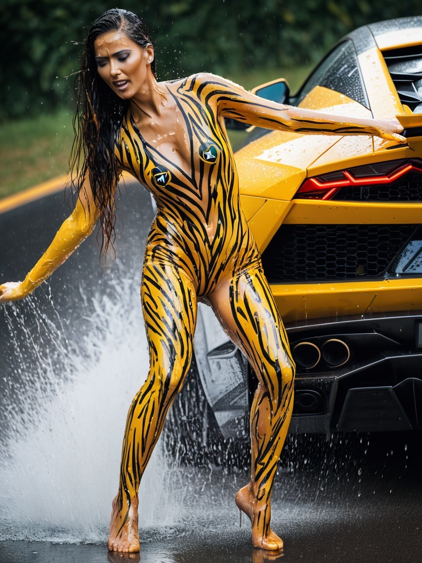 Woman in Tiger-Striped Bodysuit by Luxury Sports Car