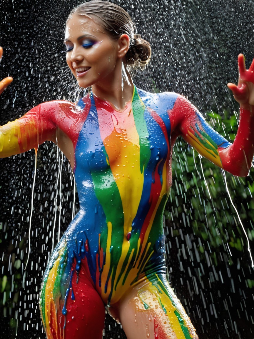 Model in Colorful Bodysuit Under Cascading Water
