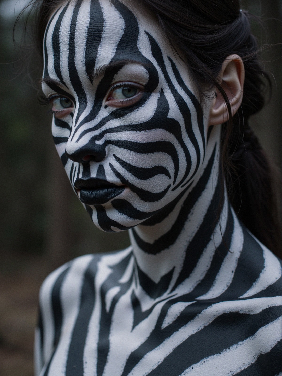 Zebra-Themed Body Paint in a Forest Setting
