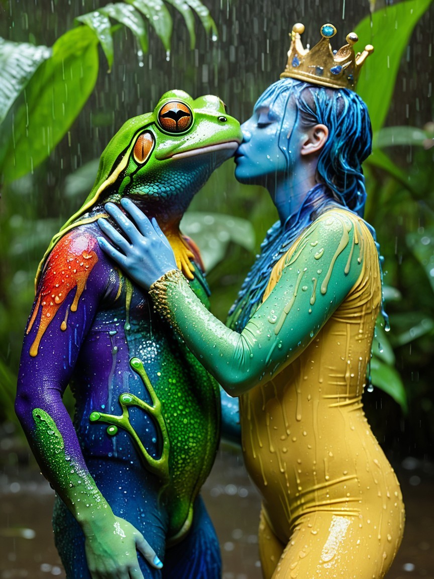 Tropical Scene with Frog Costume and Colorful Kissing