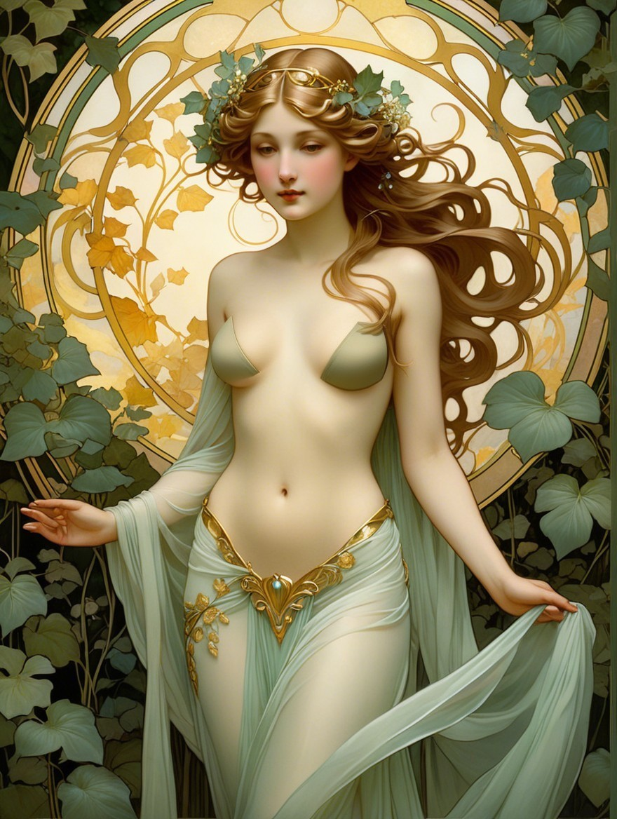 Ethereal Woman in Sheer Fabric Among Lush Foliage